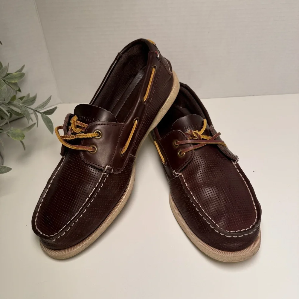 Tommy Hilfiger Bowman Apache Classic Boat Shoes Dark Brown Leather Mens Size 10